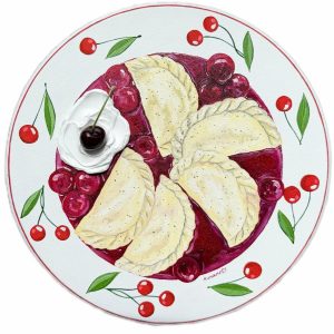Textured impasto oil painting of Ukrainian cherry varenyky dumplings by Christina Kunanets