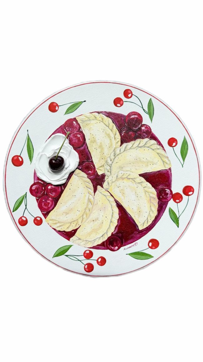 Textured impasto oil painting of Ukrainian cherry varenyky dumplings by Christina Kunanets