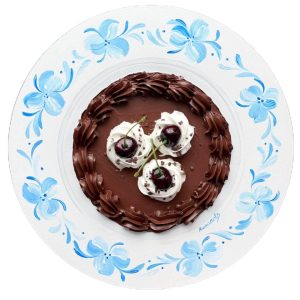 Textured impasto oil painting of a chocolate cake with cherries by Christina Kunanets