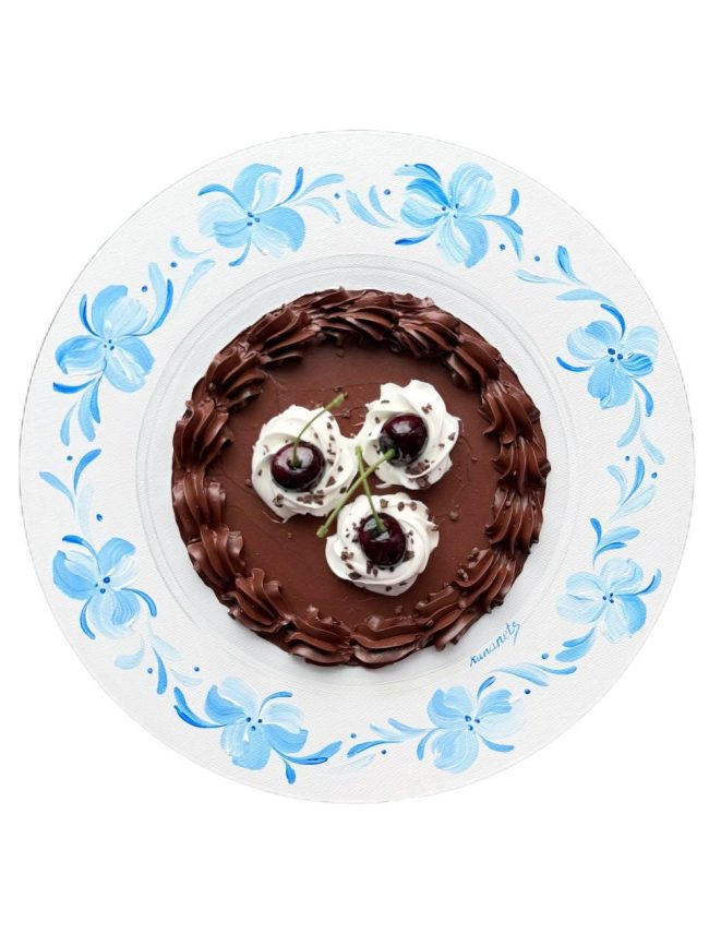 Textured impasto oil painting of a chocolate cake with cherries by Christina Kunanets