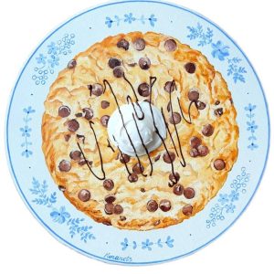 Textured impasto oil painting of a chocolate chip skillet cookie with ice cream by Christina Kunanets
