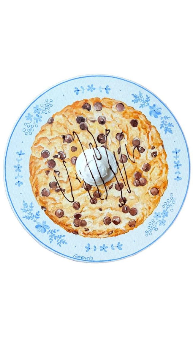 Textured impasto oil painting of a chocolate chip skillet cookie with ice cream by Christina Kunanets