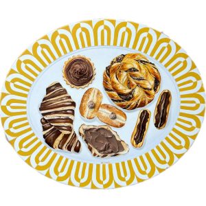 Textured impasto oil painting of chocolate pastries from a French bakery by Christina Kunanets