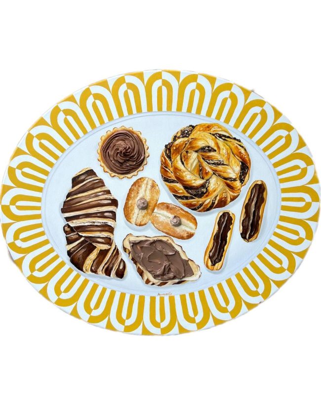Textured impasto oil painting of chocolate pastries from a French bakery by Christina Kunanets