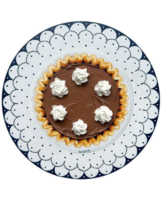 Textured impasto oil painting of a chocolate pie in French silk style by Christina Kunanets