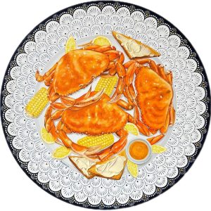 Textured impasto oil painting of a crab boil feast with corn on the cob by Christina Kunanets