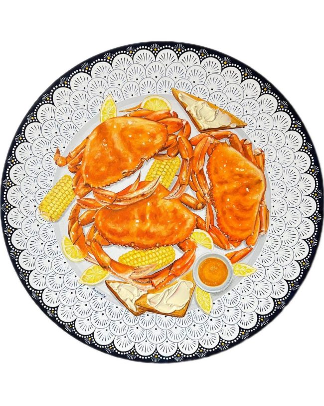 Textured impasto oil painting of a crab boil feast with corn on the cob by Christina Kunanets