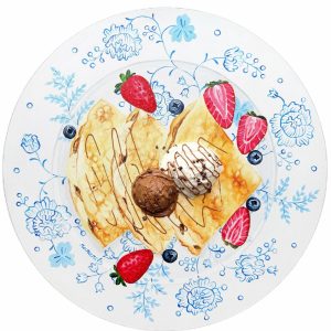 Textured impasto oil painting of crepes with berries and ice cream by Christina Kunanets
