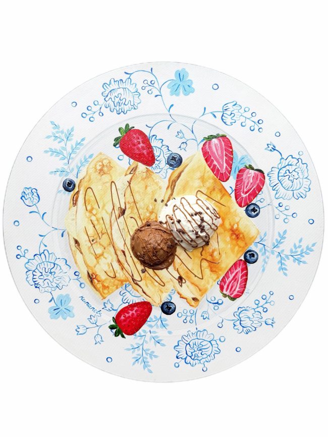 Textured impasto oil painting of crepes with berries and ice cream by Christina Kunanets