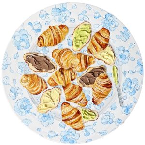Textured impasto oil painting of a French breakfast with an almond croissant by Christina Kunanets