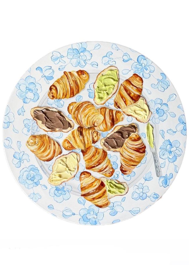 Textured impasto oil painting of a French breakfast with an almond croissant by Christina Kunanets
