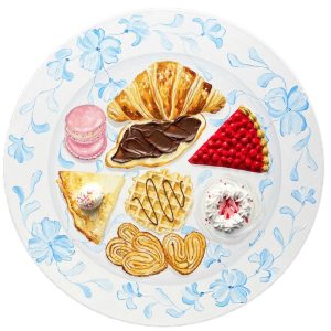 Textured impasto oil painting of a croissant, macarons and a waffle by Christina Kunanets