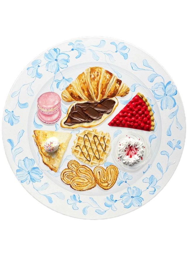 Textured impasto oil painting of a croissant, macarons and a waffle by Christina Kunanets
