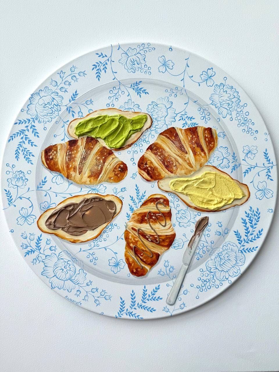 Croissant Trio Almond Chocolate Pistachio 3D food painting by Christina Kunanets, view 2