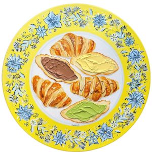 Textured impasto oil painting of croissants on a blue plate by Christina Kunanets