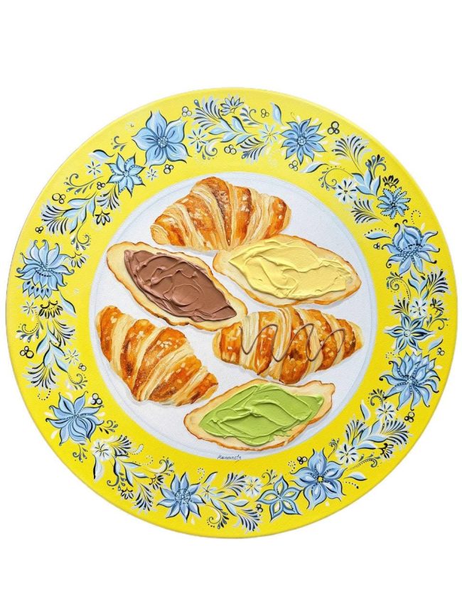 Textured impasto oil painting of croissants on a blue plate by Christina Kunanets