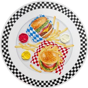 Textured impasto oil painting of a double burger with fries and sauce by Christina Kunanets