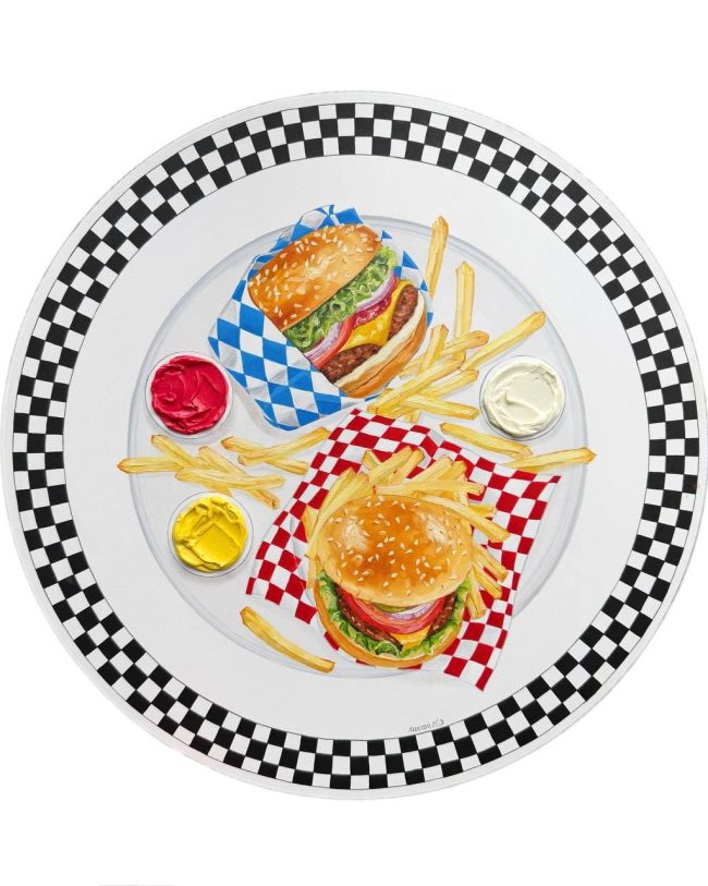 Textured impasto oil painting of a double burger with fries and sauce by Christina Kunanets