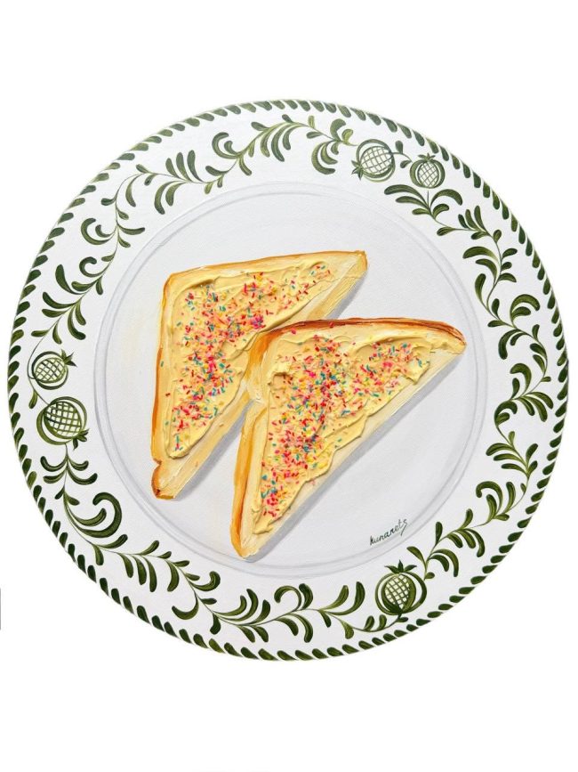 Textured impasto oil painting of fairy bread covered with colorful sprinkles by Christina Kunanets