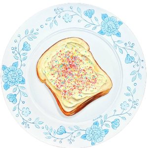 Textured impasto oil painting of fairy bread with rainbow sprinkles by Christina Kunanets