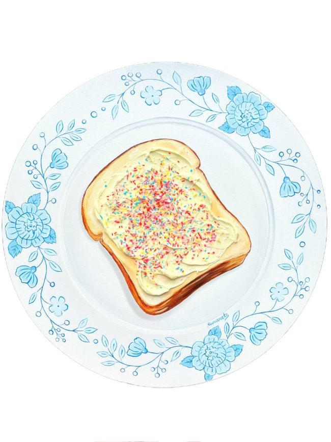 Textured impasto oil painting of fairy bread with rainbow sprinkles by Christina Kunanets