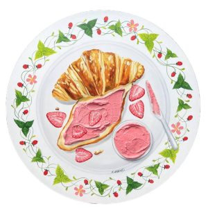 Textured impasto oil painting of a French croissant with strawberries by Christina Kunanets