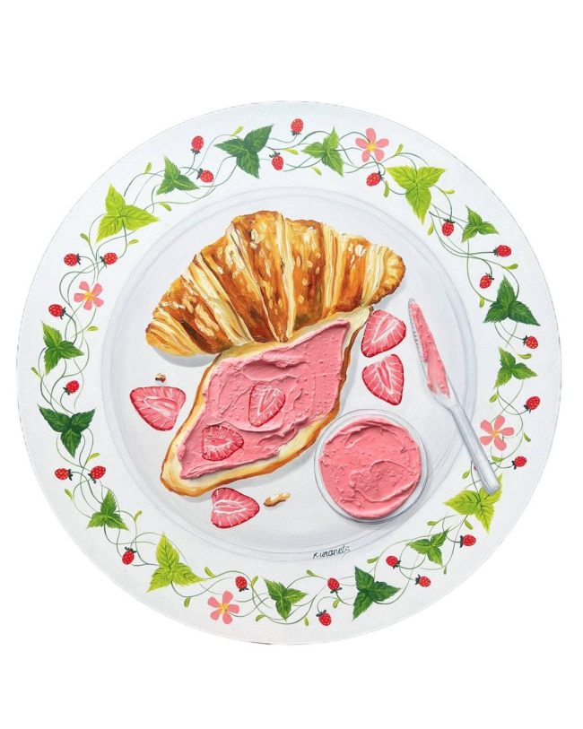 Textured impasto oil painting of a French croissant with strawberries by Christina Kunanets