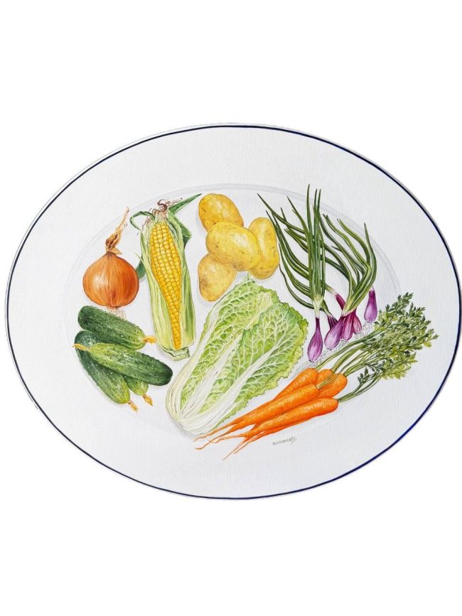 Textured impasto oil painting of fresh vegetables from the garden harvest by Christina Kunanets