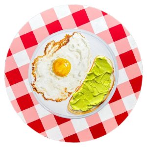 Textured impasto oil painting of guacamole toast topped with a fried egg by Christina Kunanets