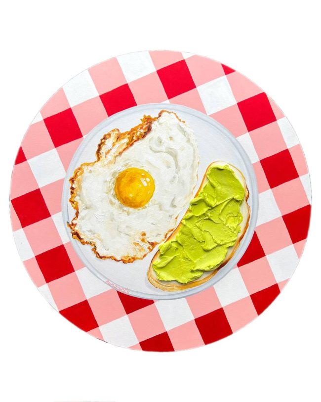 Textured impasto oil painting of guacamole toast topped with a fried egg by Christina Kunanets