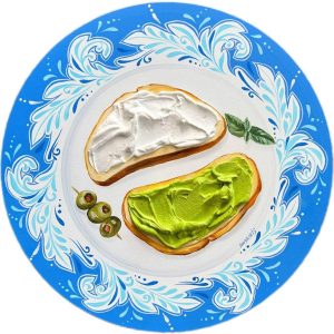 Textured impasto oil painting of toast with guacamole and cream cheese by Christina Kunanets