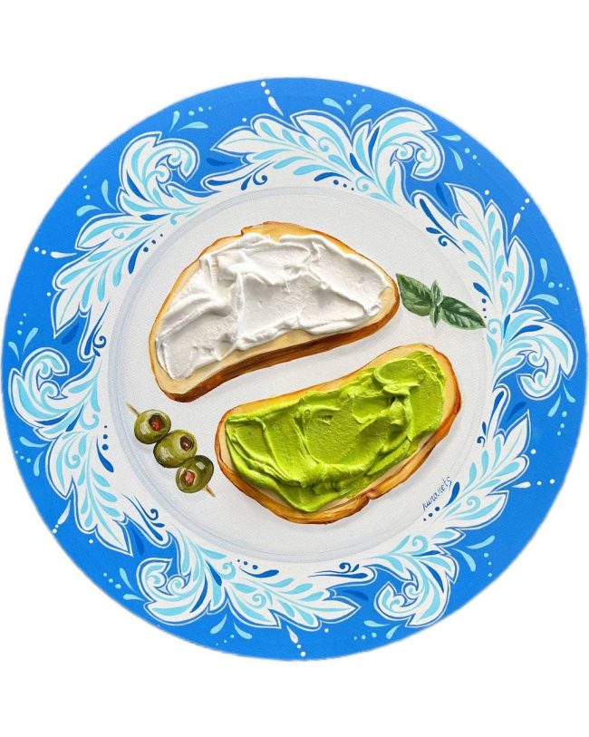 Textured impasto oil painting of toast with guacamole and cream cheese by Christina Kunanets