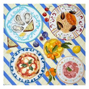 Textured impasto oil painting of an Italian summer table set for aperitivo by Christina Kunanets