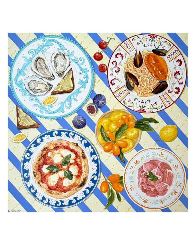Textured impasto oil painting of an Italian summer table set for aperitivo by Christina Kunanets