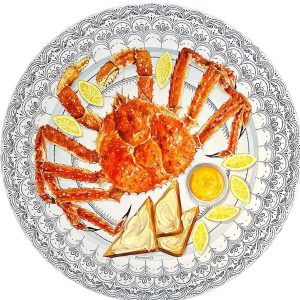 Textured impasto oil painting of king crab on a blue plate with buttered toast by Christina Kunanets