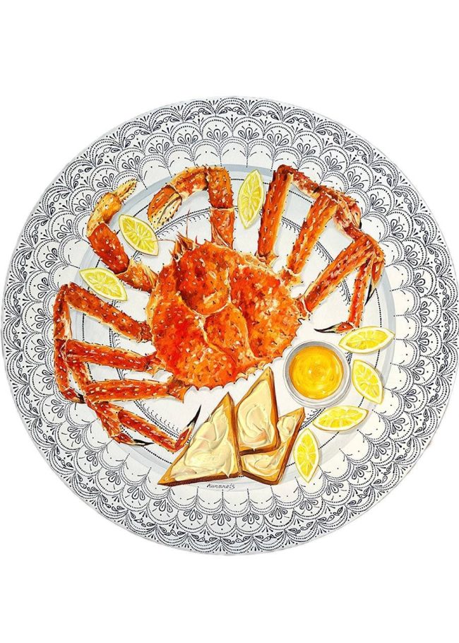 Textured impasto oil painting of king crab on a blue plate with buttered toast by Christina Kunanets