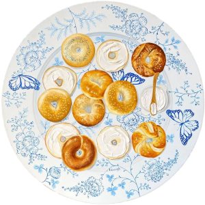 Textured impasto oil painting of a large bagel brunch plate on a vintage plate by Christina Kunanets