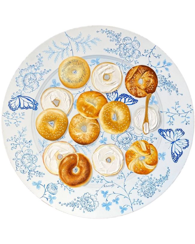 Textured impasto oil painting of a large bagel brunch plate on a vintage plate by Christina Kunanets