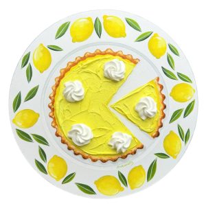 Textured impasto oil painting of a lemon tart topped with cream on a vintage plate by Christina Kunanets