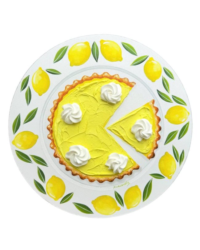 Textured impasto oil painting of a lemon tart topped with cream on a vintage plate by Christina Kunanets