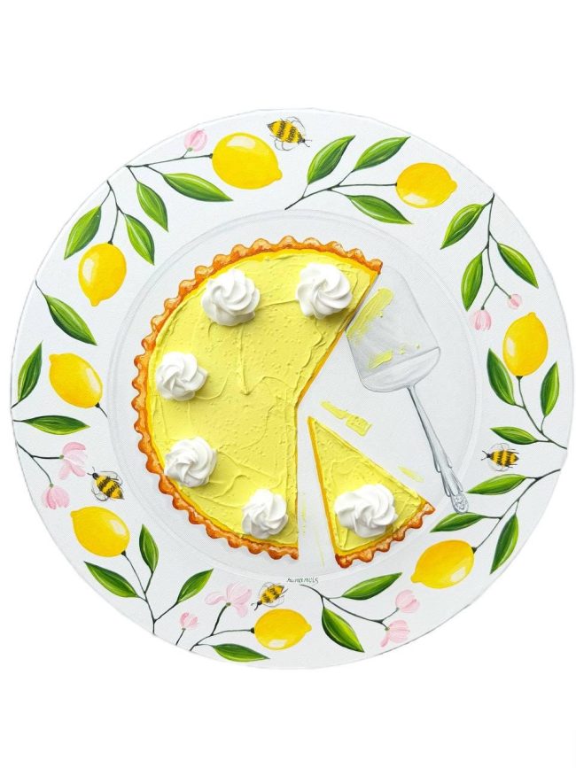 Textured impasto oil painting of a lemon tart with cream on a vintage plate by Christina Kunanets