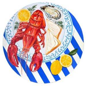 Textured impasto oil painting of lobster with bread and butter by Christina Kunanets