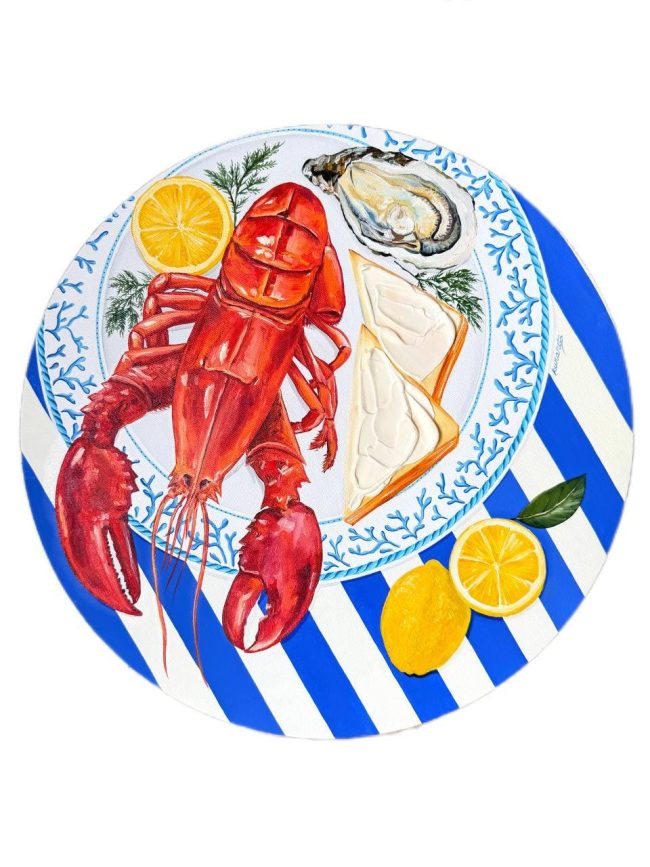 Textured impasto oil painting of lobster with bread and butter by Christina Kunanets
