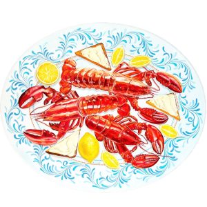 Textured impasto oil painting of a lobster dinner by Christina Kunanets