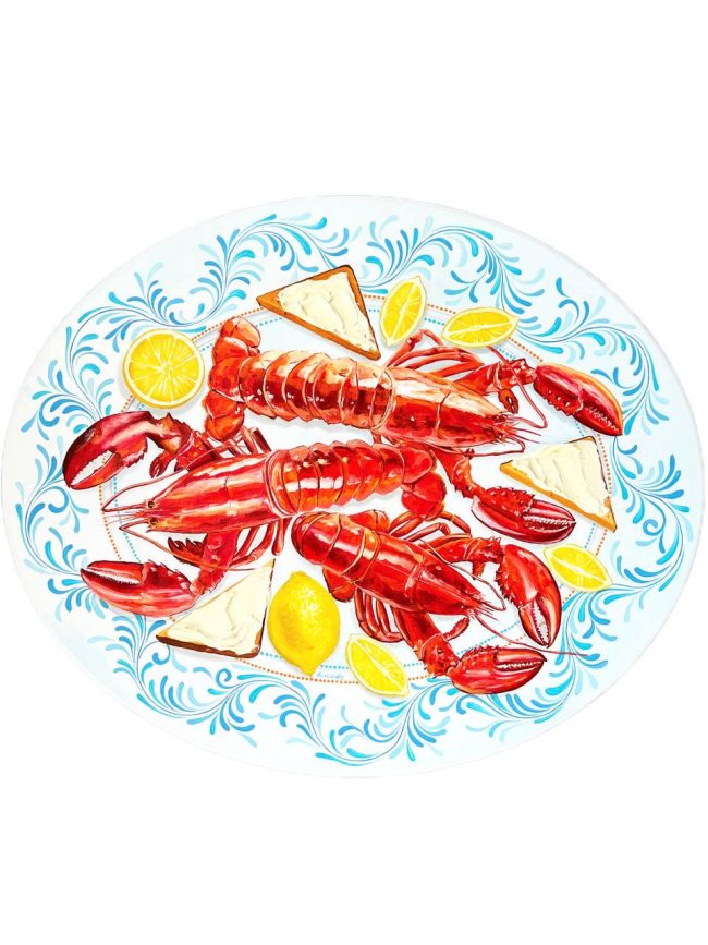 Textured impasto oil painting of a lobster dinner by Christina Kunanets