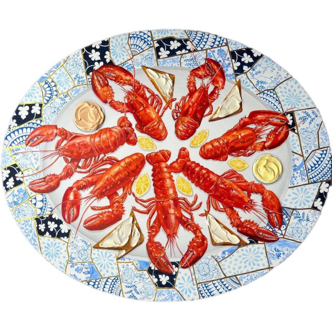 Textured impasto oil painting of a lobster feast on a blue plate by Christina Kunanets