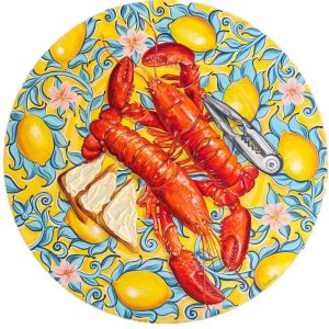 Textured impasto oil painting of a coastal seafood still life with lobster by Christina Kunanets