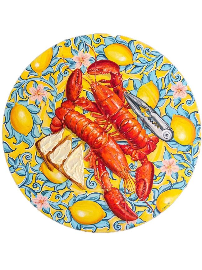 Textured impasto oil painting of a coastal seafood still life with lobster by Christina Kunanets