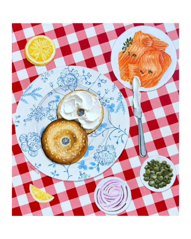 Textured impasto oil painting of a lox bagel with smoked salmon and cream cheese by Christina Kunanets