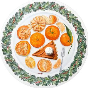 Textured impasto oil painting of a mandarin tart on a vintage plate by Christina Kunanets